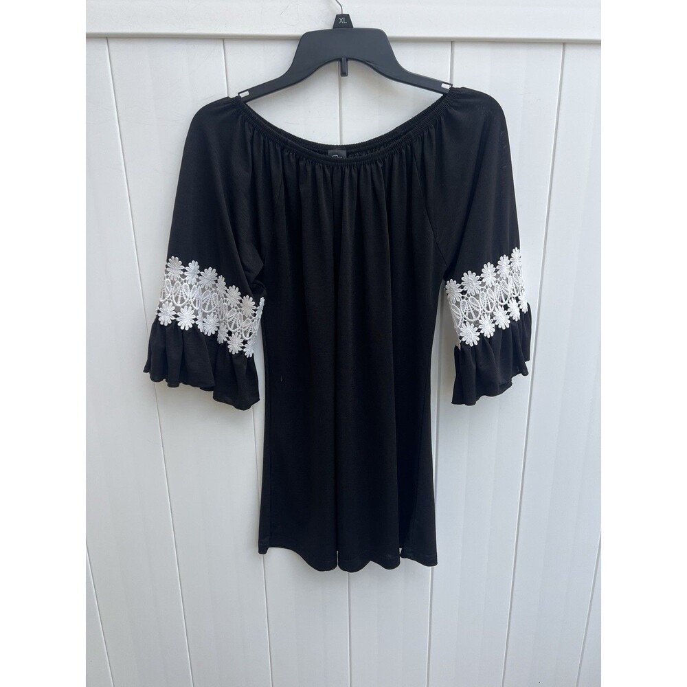 Win Win Ruffle Bell Sleeve Lightweight Stretch Tunic Size Small Medium Black